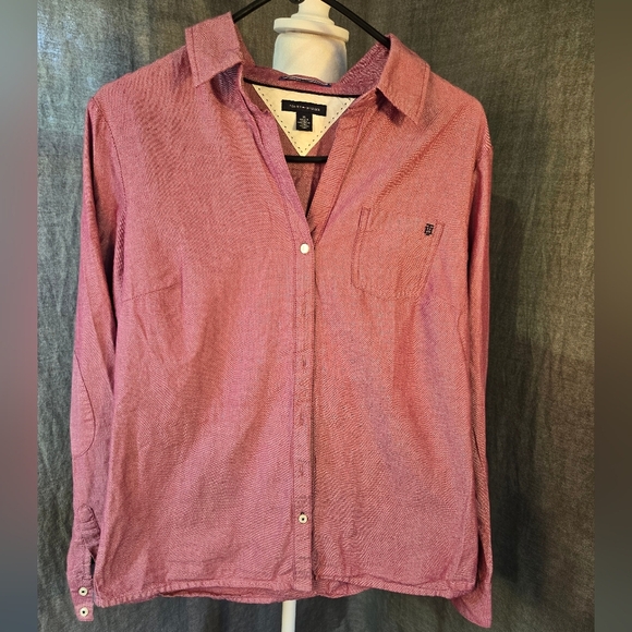 Tommy Hilfiger Womens Button Up Shirt Size M Burgundy/Wine Y2K - Picture 1 of 8